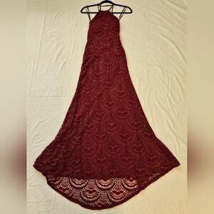 Ladies long gown, burgundy, halter top, lace, fully lined